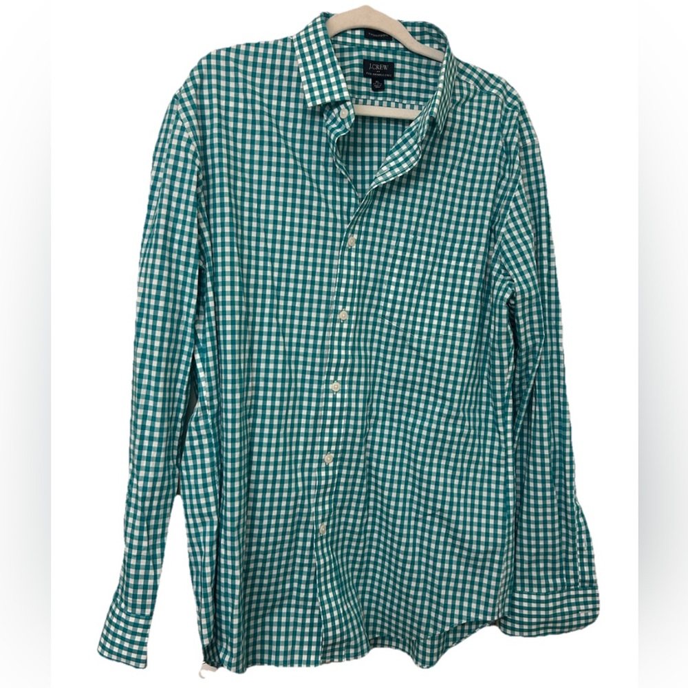 J Crew Thompson Button Plaid White Teal Size XL 17-17.5 Wrinkle Free Dress Shirt